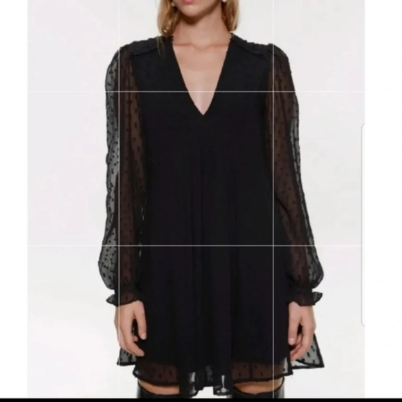 Zara Black Swiss Dot sheer Pleated Mini Dress Womens - Picture 4 of 9